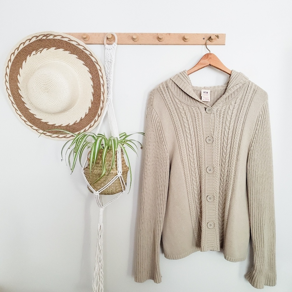 Light Tan Cable Knit Button Down Hooded Sweater